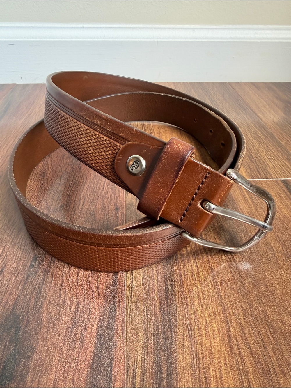 Rino Textured Leather Belt Brown Silver Chrome Buckle